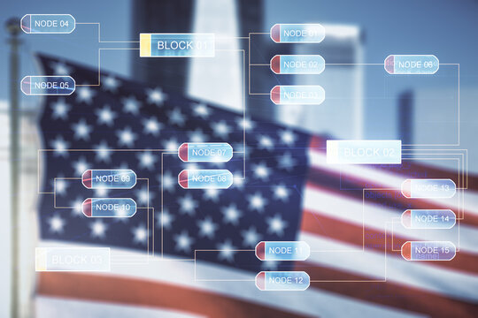 Multi exposure of abstract software development hologram on USA flag and blurry skyscrapers background, research and analytics concept