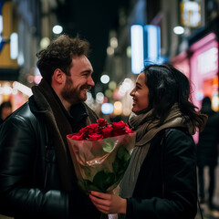 tender moment between a man and a woman exchanging smiles on a brightly lit city street, with the man holding a bouquet of red roses behind his back.