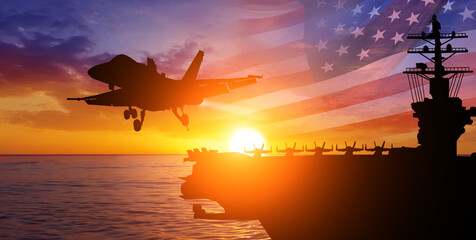 Aircraft carrier and warplane on sea sunset background. National flag of USA. NAVY forces. 3d illustration.