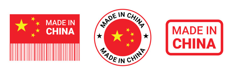 Made in china flag badge, stamp and barcode vector set