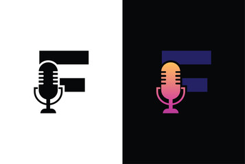 Letter F with podcast logo. F with suitable for podcasting, internet, brand, musical, digital, entertainment, studio template illustration.