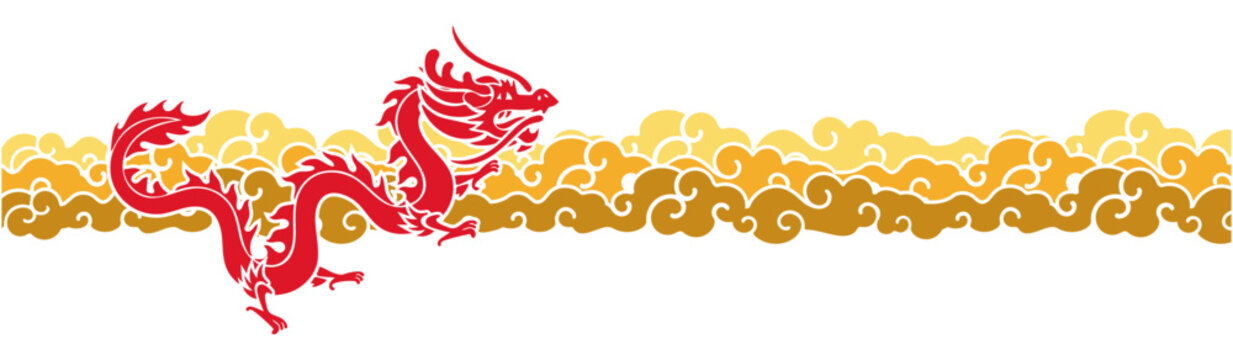cloud and dragon, Lunar New Year themed paper graphic for cover, card, poster, banner. Chinese zodiac Dragon symbol. Hieroglyphics mean Happy New Year and symbol of of the Dragon