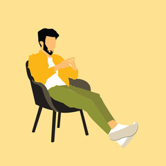 Fototapeta premium man in sitting position holding mobile phone vector illustration