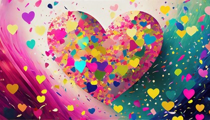  a heart-shaped confetti background. Use a festive color palette and dynamic arrangements to convey a sense of celebration.