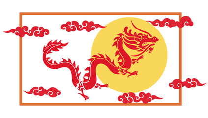 moon, cloud and dragon, Lunar New Year themed paper graphic for cover, card, poster, banner. Chinese zodiac Dragon symbol. Hieroglyphics mean Happy New Year and symbol of of the Dragon