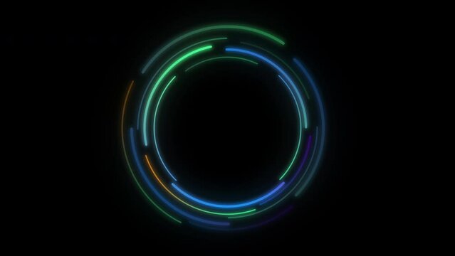 Neon glowing flickering circles empty frame. Modern techno circular lines rotating loop animation. 4K footage