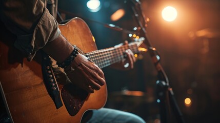 Obraz premium Close-up of Guitarist Playing on Stage