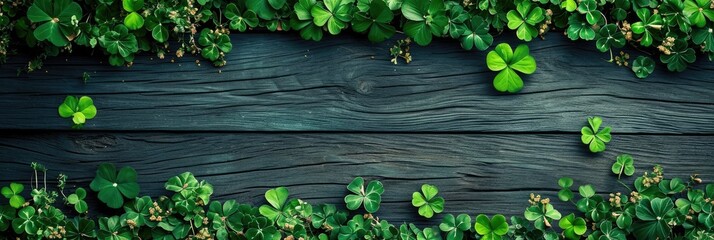 rustic wooden background with a Saint Patrick's Day theme and many wooden slats with shamrock leaves - obrazy, fototapety, plakaty