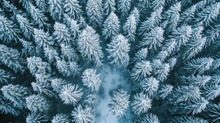 Aerial view of snow covered pine trees in winter forest. Drone photography.
