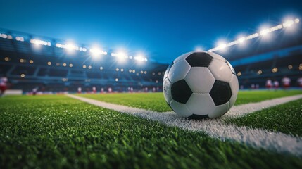 Naklejka premium Soccer Ball on Lush Green Pitch in Stadium
