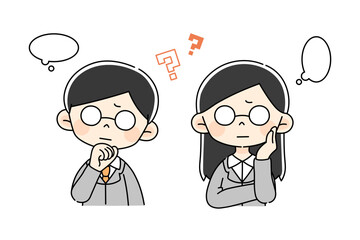 悩むスーツのメガネ男女セット