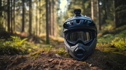 Fototapeten Mountain Bike Helmet with Mounted Camera in Forest © Susanti