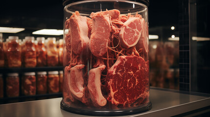 Artificial protein meat grow in laboratory, cell-based synthetic meat  - obrazy, fototapety, plakaty