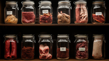 Artificial protein meat grow in laboratory, cell-based synthetic meat  - obrazy, fototapety, plakaty