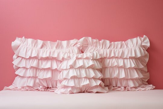 White ruffled pillow on pink background with coordinated walls. Generative AI
