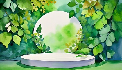  green production, featuring a round stage backdrop in white surrounded by a decorative frame of tree leaves on a vibrant green background. Use a harmonious color palett