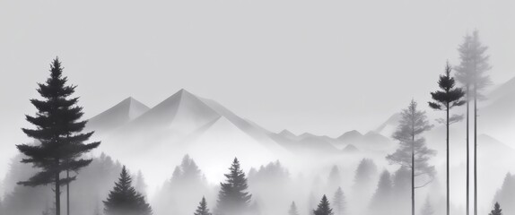 Mystical mountains veiled in mist with silhouetted pine trees. A serene and tranquil black & white landscape