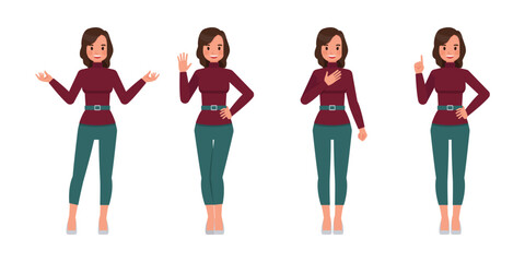 Obraz premium Set of working woman wear red sweater color character vector design. Presentation in various action. Businesswoman working in office planning, thinking and economic analysis.