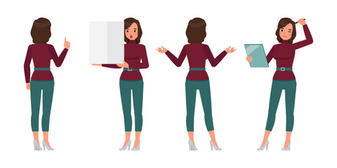 Set of working woman wear red sweater color character vector design. Presentation in various action. Businesswoman working in office planning, thinking and economic analysis.