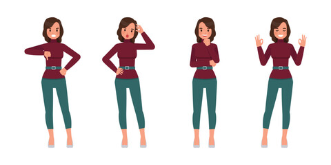 Set of working woman wear red sweater color character vector design. Presentation in various action. Businesswoman working in office planning, thinking and economic analysis.