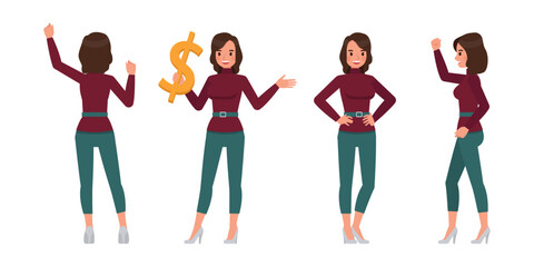 Set of working woman wear red sweater color character vector design. Presentation in various action. Businesswoman working in office planning, thinking and economic analysis.