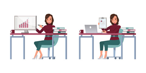 Fototapeta na wymiar Set of working woman wear red sweater color character vector design. Presentation in various action. Businesswoman working in office planning, thinking and economic analysis.
