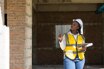 African black women worker work in construction site for site inspector job checking project...