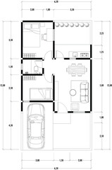 Floor plan blueprint type 44 sqm, Figure of the jotting sketch of the construction and the industrial skeleton of the structure and dimensions.