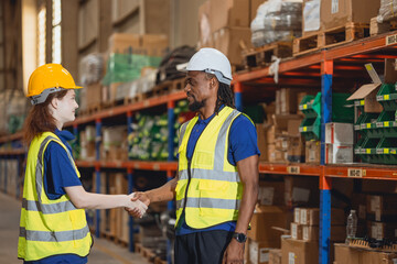 young lady worker hand shaking with black male staff supervisor for deal contact working team in cargo warehouse
