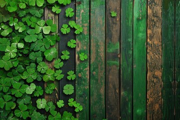 rustic wooden background with a Saint Patrick's Day theme and many wooden slats with shamrock leaves - obrazy, fototapety, plakaty