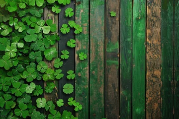 Foto op Canvas rustic wooden background with a Saint Patrick's Day theme and many wooden slats with shamrock leaves © PinkiePie
