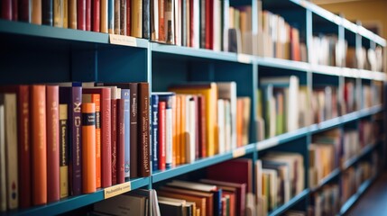 Fototapeta premium blur bookshelf with many books in school library