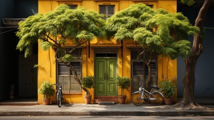 Fototapeta na wymiar Traditional style bright yellow building facade with front view and green trees on the side