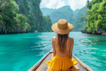 A woman with straw hat on a boat outside an island resort in southern thailand, AI Generative