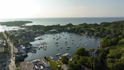 Aerial shot of boats safely moored in Cape Cod's Eel Pond.
