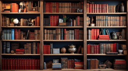 home library concept, Wooden bookshelf with many different old books