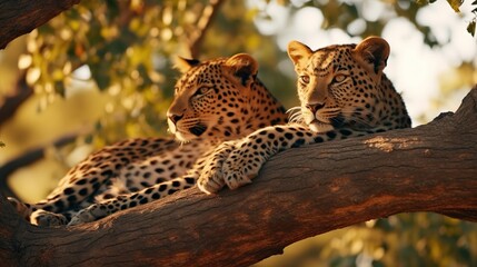 Leopard Resting in a Tree on savanna grass with a background of trees in the hills