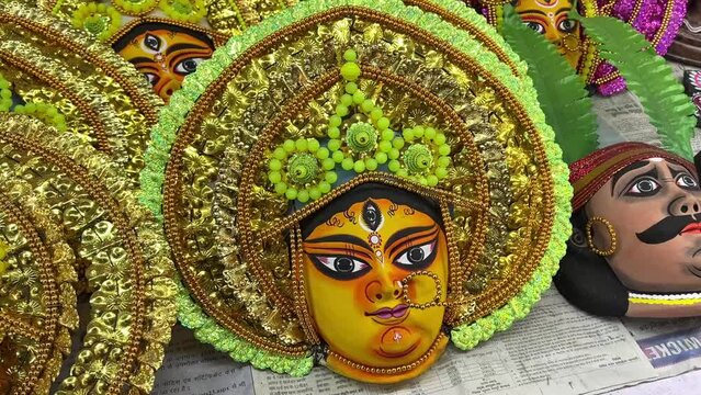Close up shot of chou masks of goddess Durga in a handicraft exhibition in Purulia, India