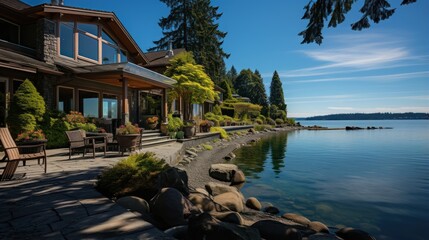 Magnificent waterfront home with ocean or lake views, expansive deck, front porch