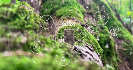2024 start concept..Concept of net zero, CO2 reduce, carbon neutral, esg.Green nature background.Environmental technology concept.Corporate 4k video