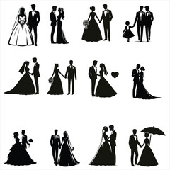 wedding silhouette set , newly married couple set sillhouettes ,  couple silhouette , romantic couple sillhouette , bridal sillhouette