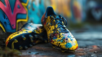 A Pair of Soccer Shoes and Football Shoes Urban Street Style Graffiti painted colors