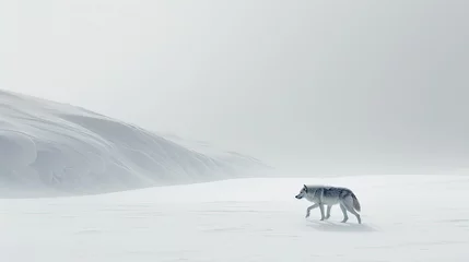 Fotobehang wide angle view of an arctic wolf walking through a winter landscape © Salander Studio