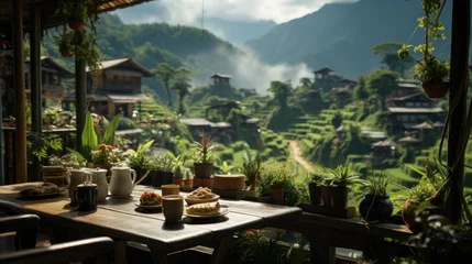 Rugzak coffee shop with view of beautiful rice fields © Prasojo