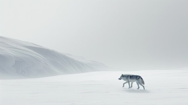 wide angle view of an arctic wolf walking through a winter landscape