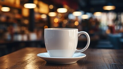 Obraz premium Coffee Cup on shop Cafe table with blur cafe interior background