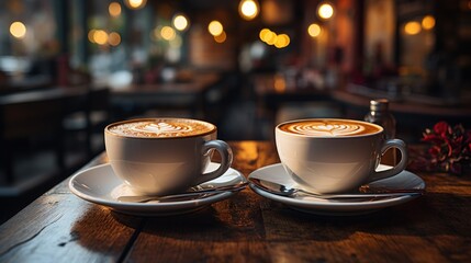 Coffee cups on table with blur background of Restaurant cafe interior