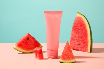 Pink tube without label decorated over blue background with fresh watermelon. Watermelon (Citrullus lanatus) is loaded with nutrients that are all great for your skin