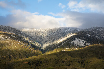 Scenic view of sunlight on winter snow fall and stormy winter clouds on Palomar Mountain in California 