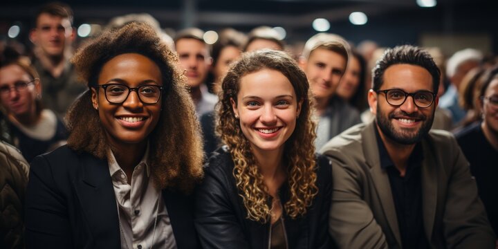 Diverse Men And Women Attending A Conference In A Convention Center.Business People Applauding For Public Speaker During Seminar
